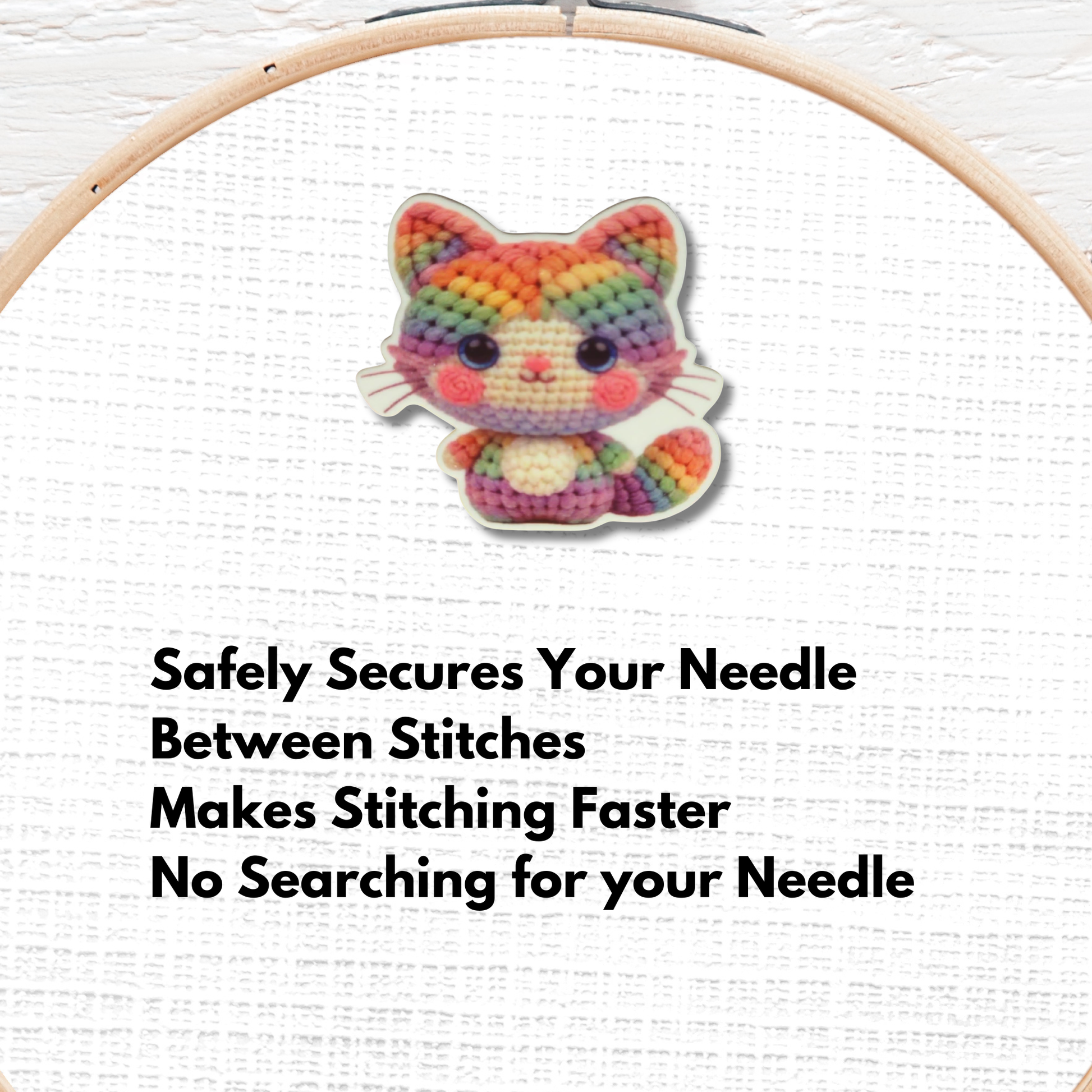 Cute Rainbow Cat Magnetic Needle Minder, Crochet Style Cross Stitch Needle Holder for Embroidery and Needlepoint