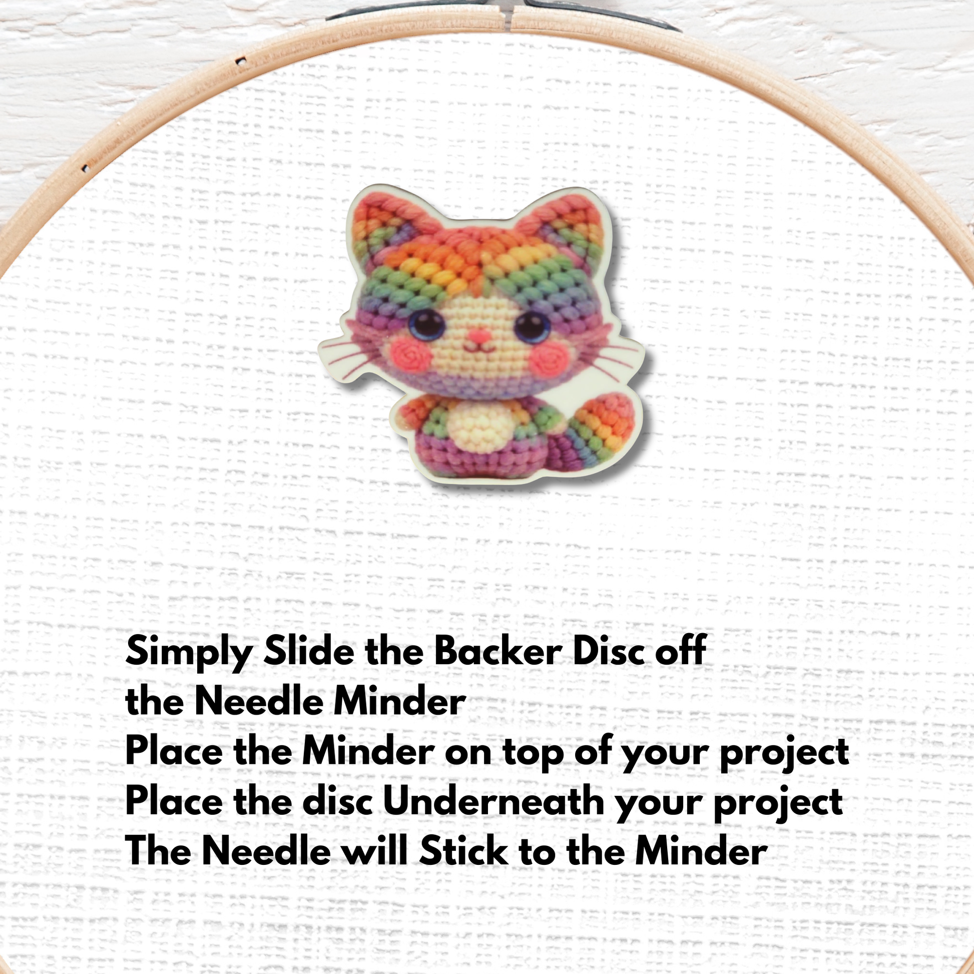 Colorful Rainbow Cat Needle Minder Magnet, Cute Amigurumi Style Cross Stitch and Embroidery Accessory