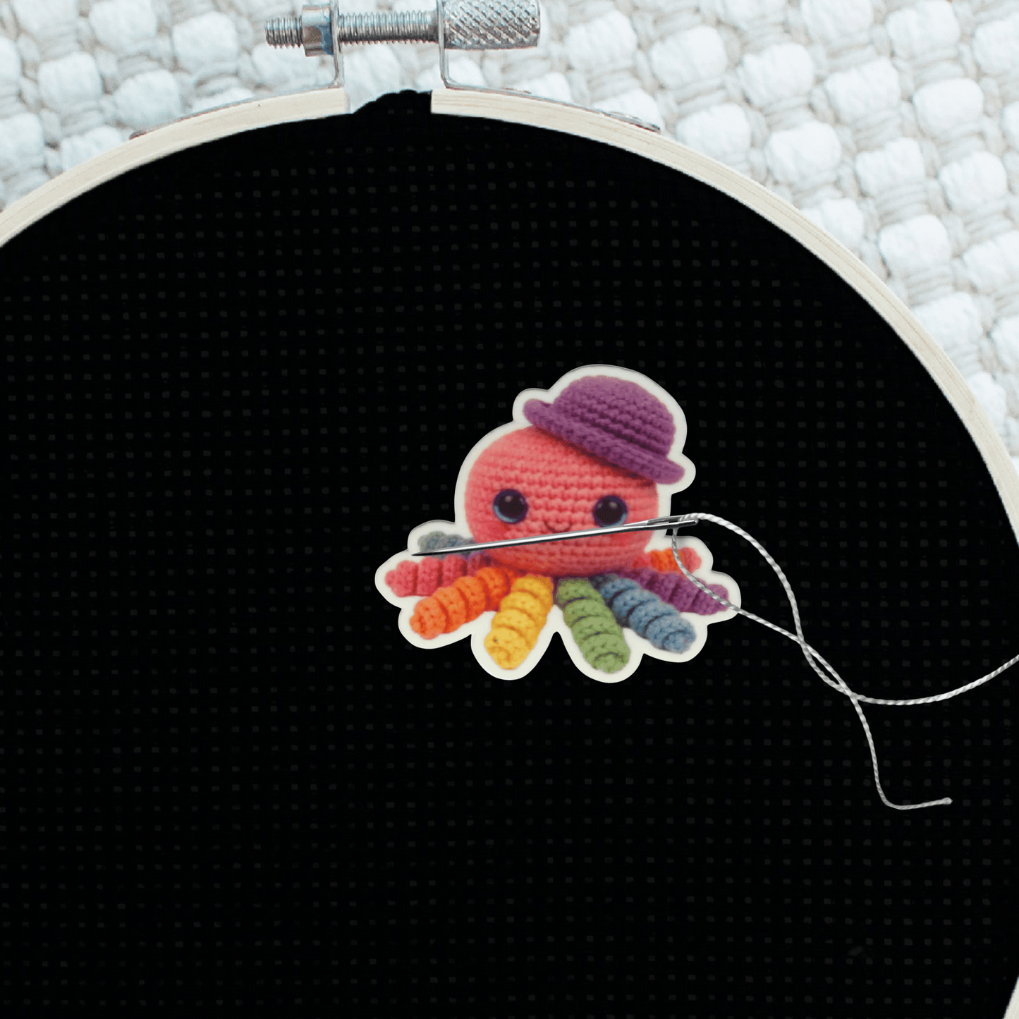 Plush style octopus magnetic needle holder with rainbow legs for cross stitch and sewing