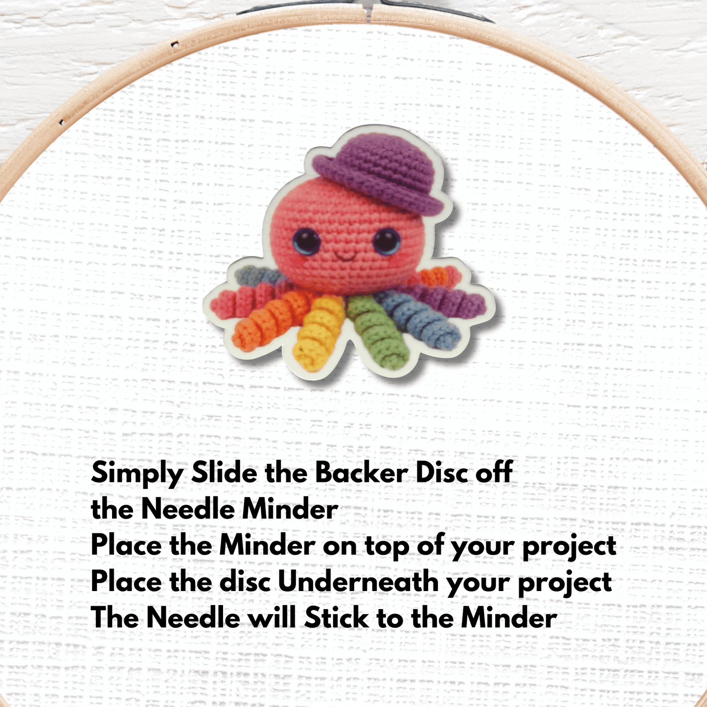 Colorful crochet octopus needle minder with rainbow tentacles for embroidery and needlepoint