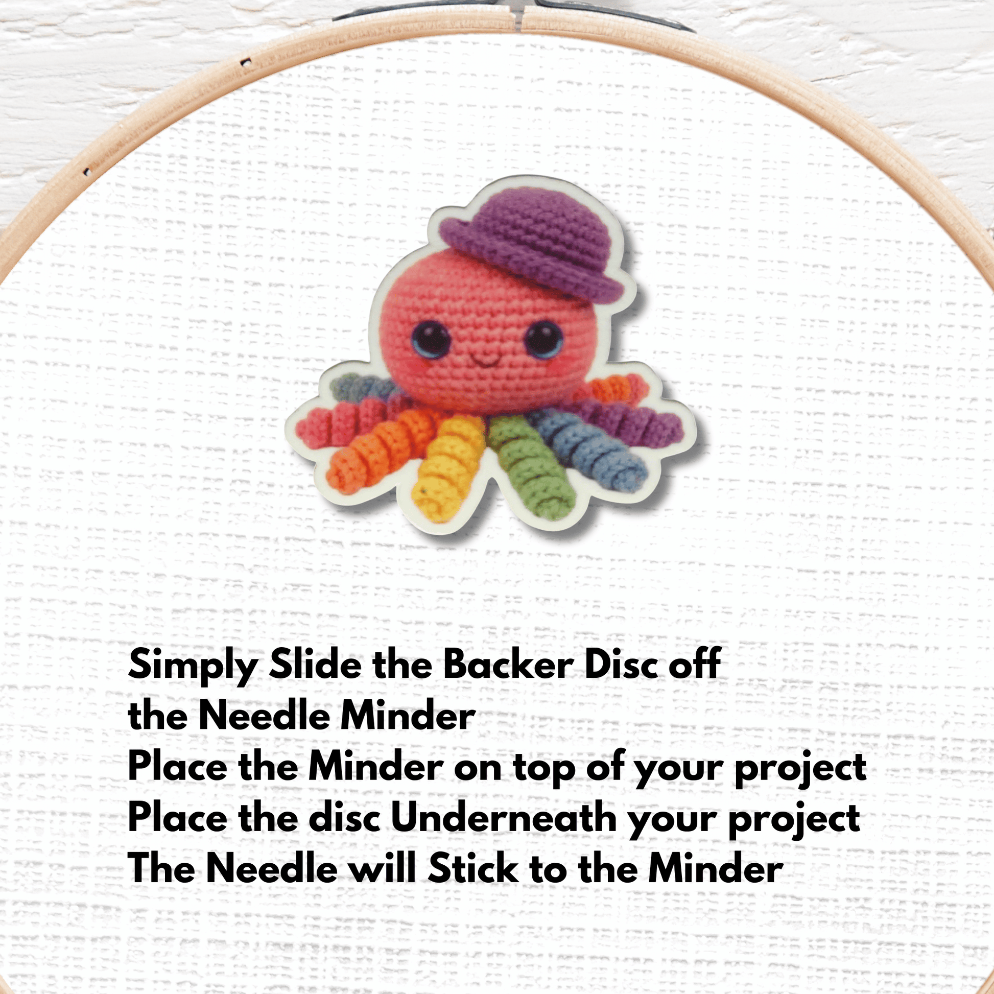 Colorful crochet octopus needle minder with rainbow tentacles for embroidery and needlepoint