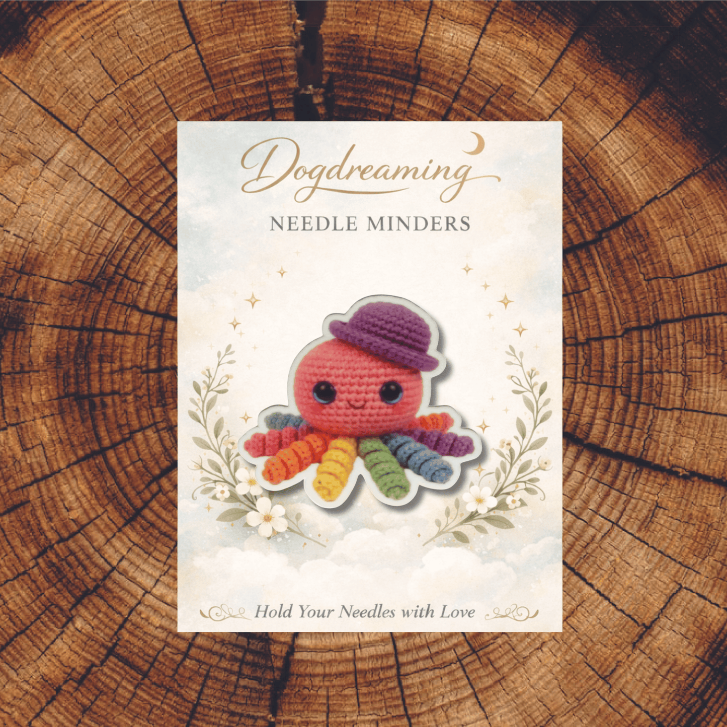 Rainbow octopus needle minder with crochet texture and purple hat for embroidery lovers