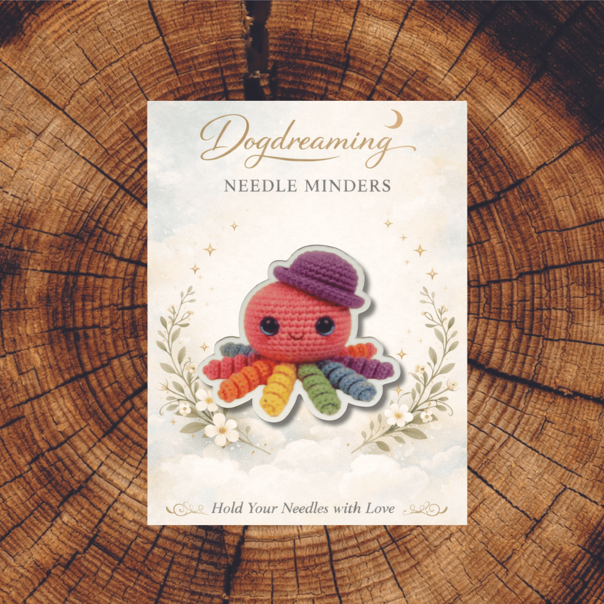 Rainbow octopus needle minder with crochet texture and purple hat for embroidery lovers