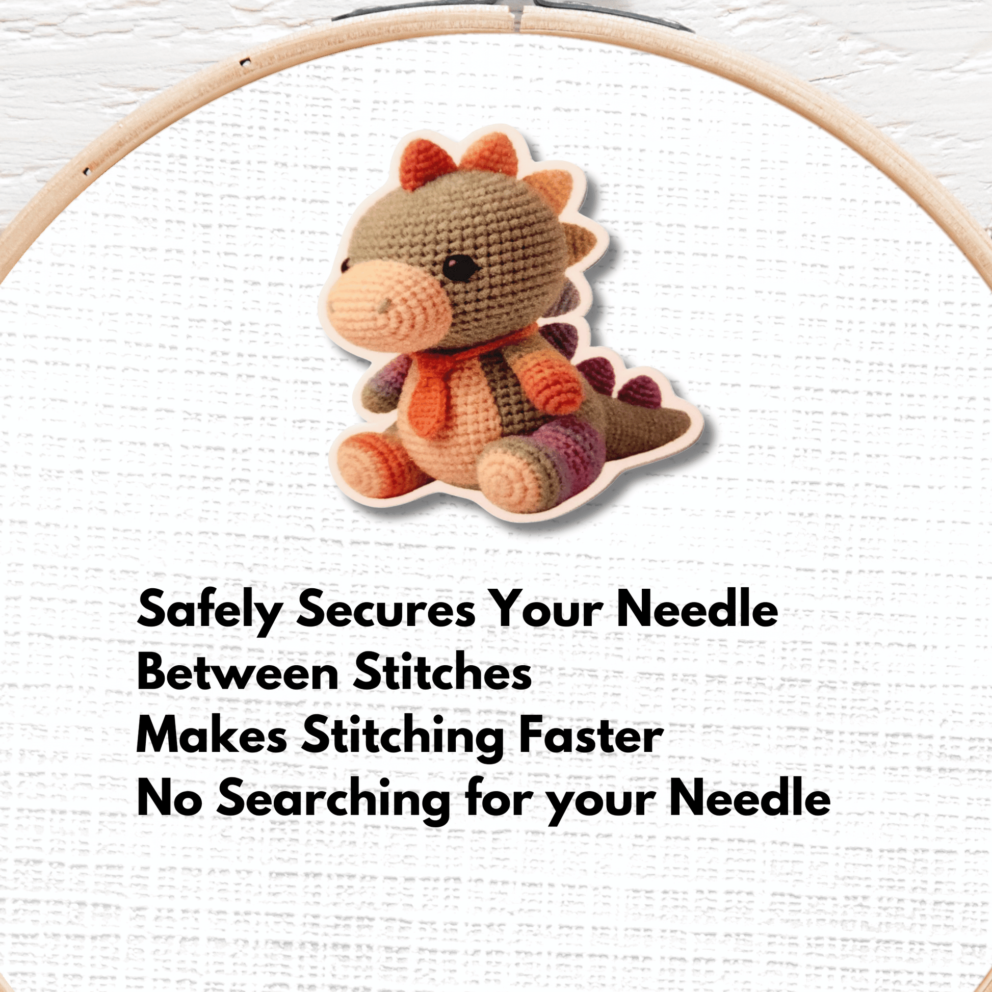 Cute Rainbow Dinosaur Magnetic Needle Minder, Crochet Style Cross Stitch Needle Holder for Embroidery and Needlepoint