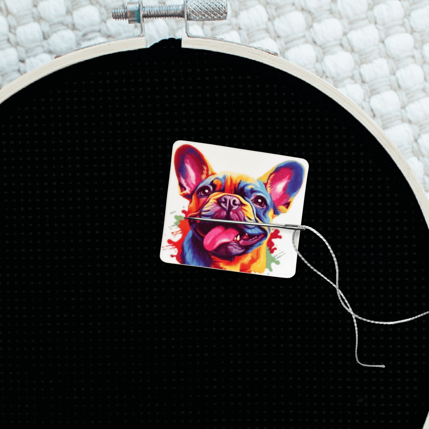 Decorative French bulldog cross stitch needle minder magnet