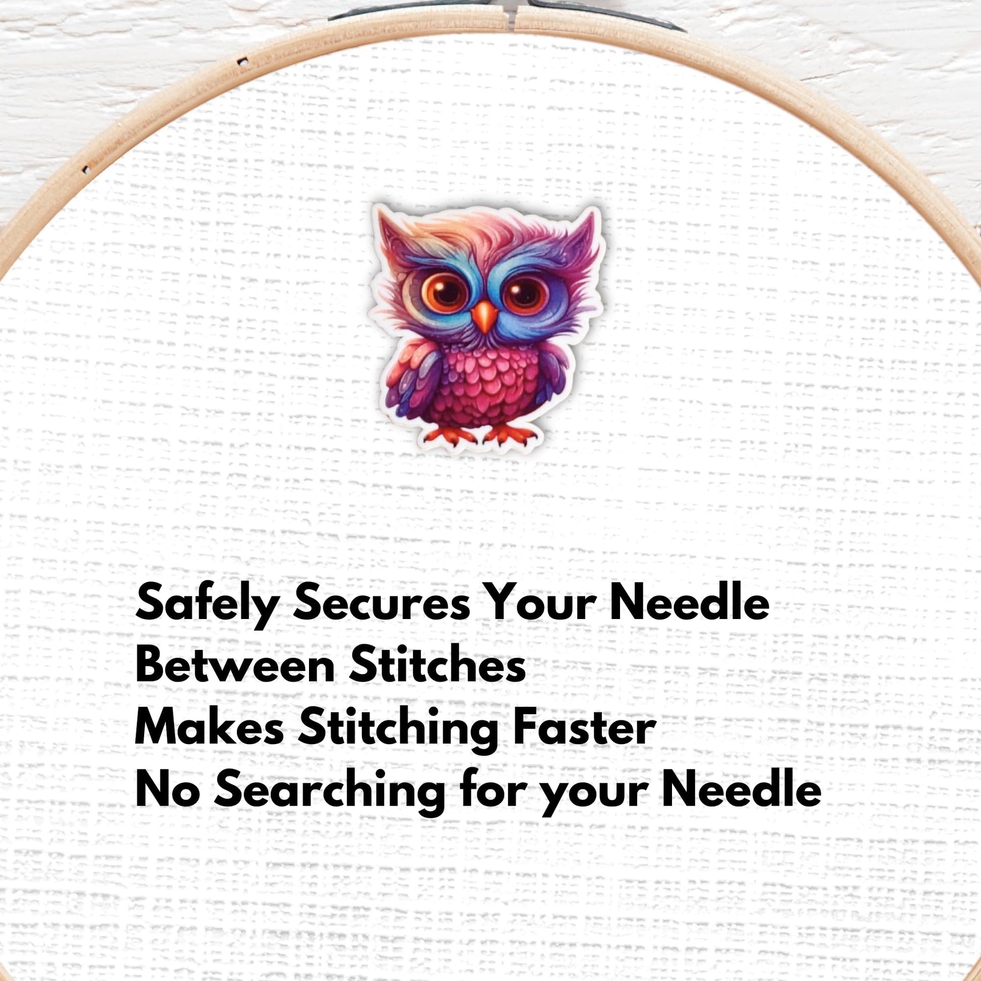Rainbow owl needle holder designed for cross stitch and embroidery projects