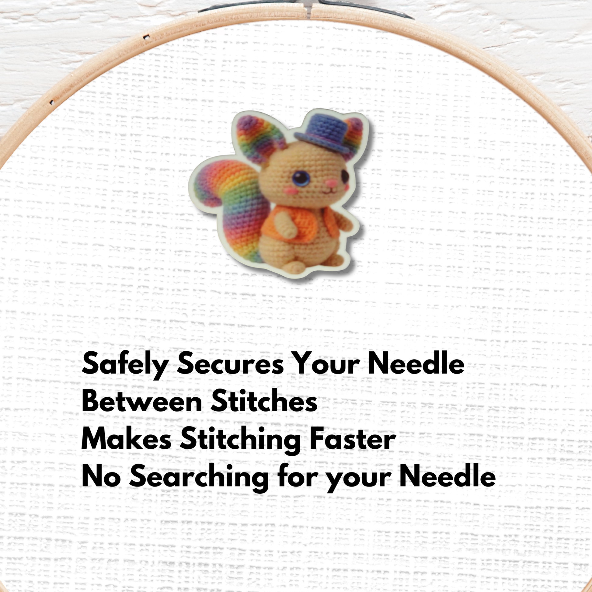 Cute Rainbow Squirrel Magnetic Needle Minder, Crochet Style Cross Stitch Needle Holder for Embroidery and Needlepoint