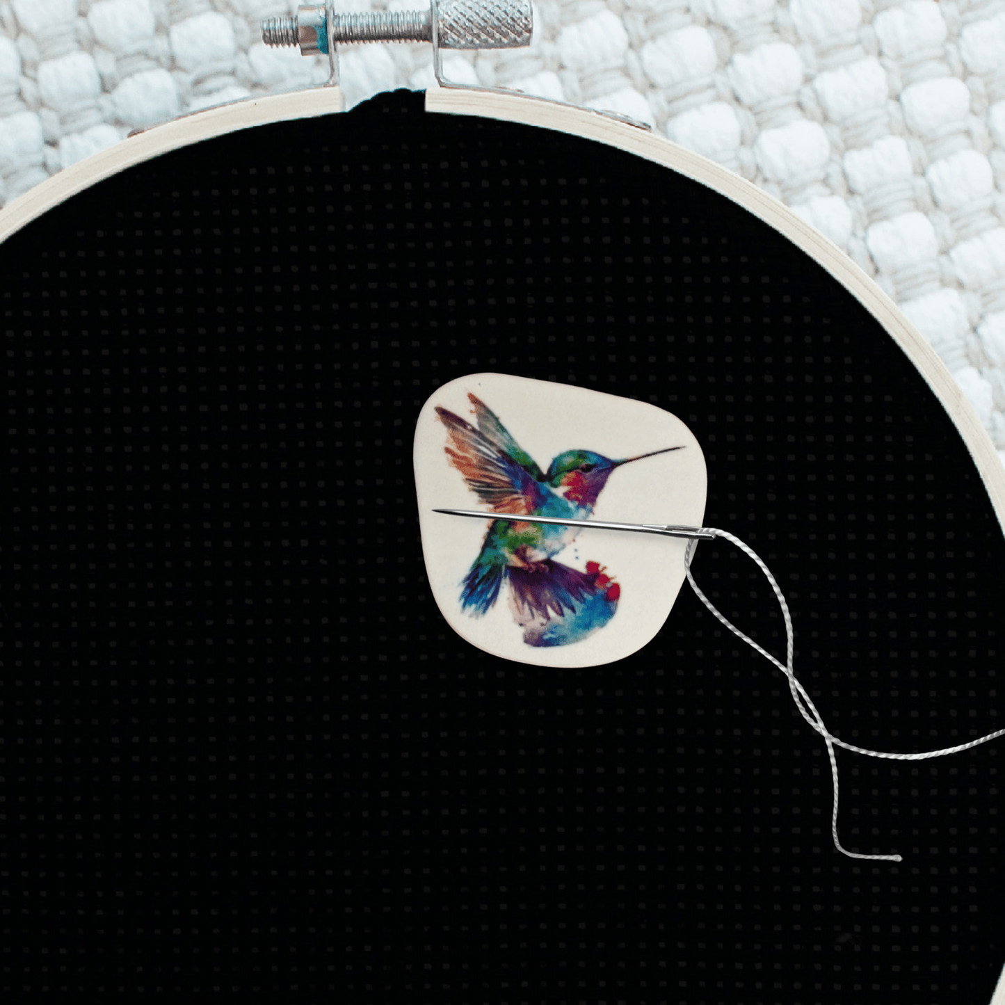Decorative rainbow hummingbird cross stitch needle minder magnet