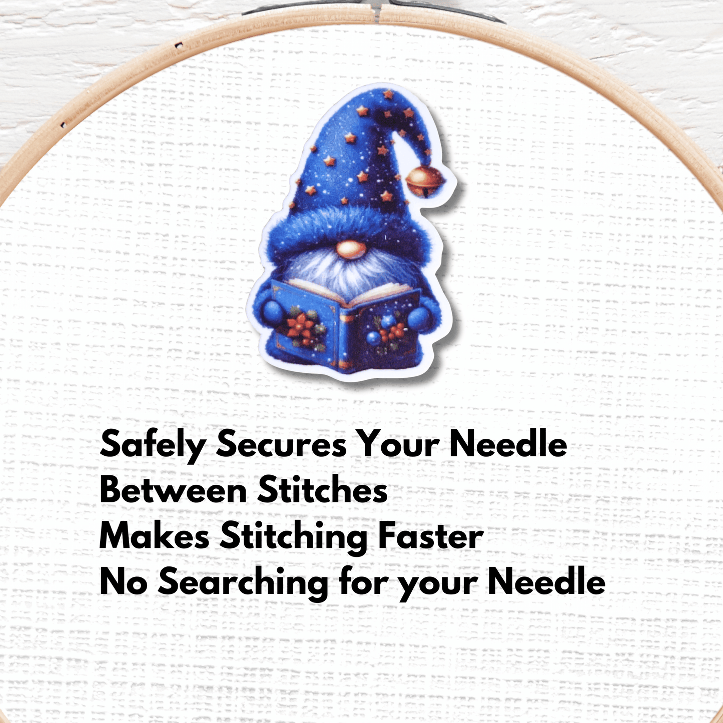 Cute Reading Christmas Gnome Magnetic Needle Minder, Blue Holiday Gnome Cross Stitch Needle Holder