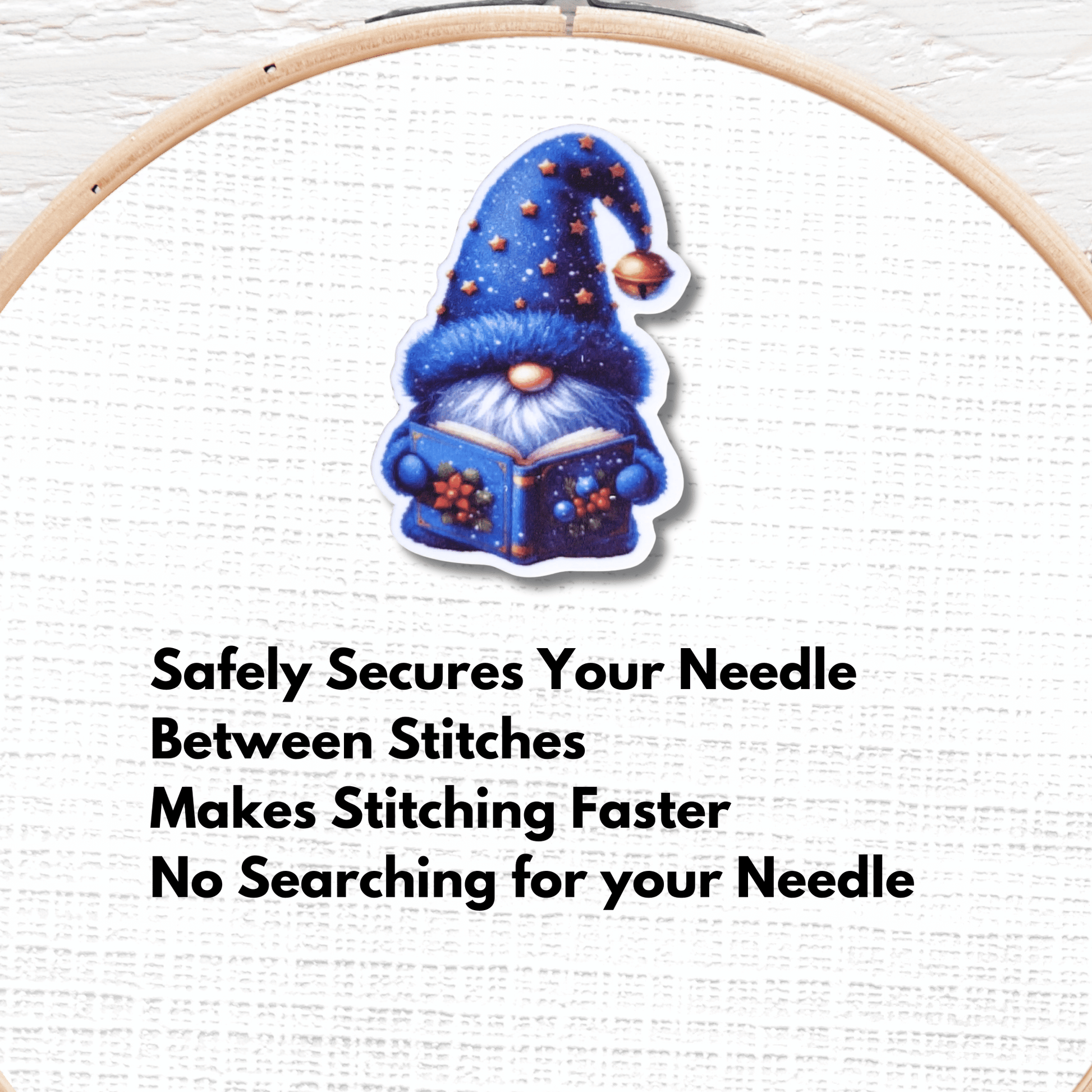 Cute Reading Christmas Gnome Magnetic Needle Minder, Blue Holiday Gnome Cross Stitch Needle Holder