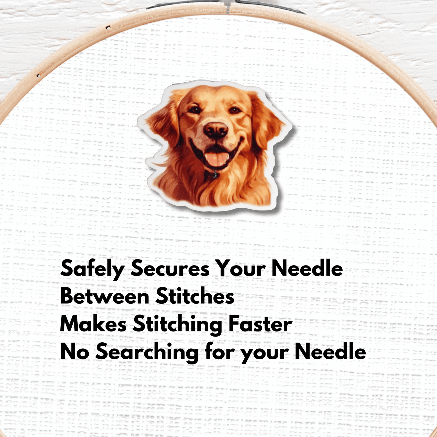 Smiling Golden Retriever magnetic needle minder for embroidery and cross stitch