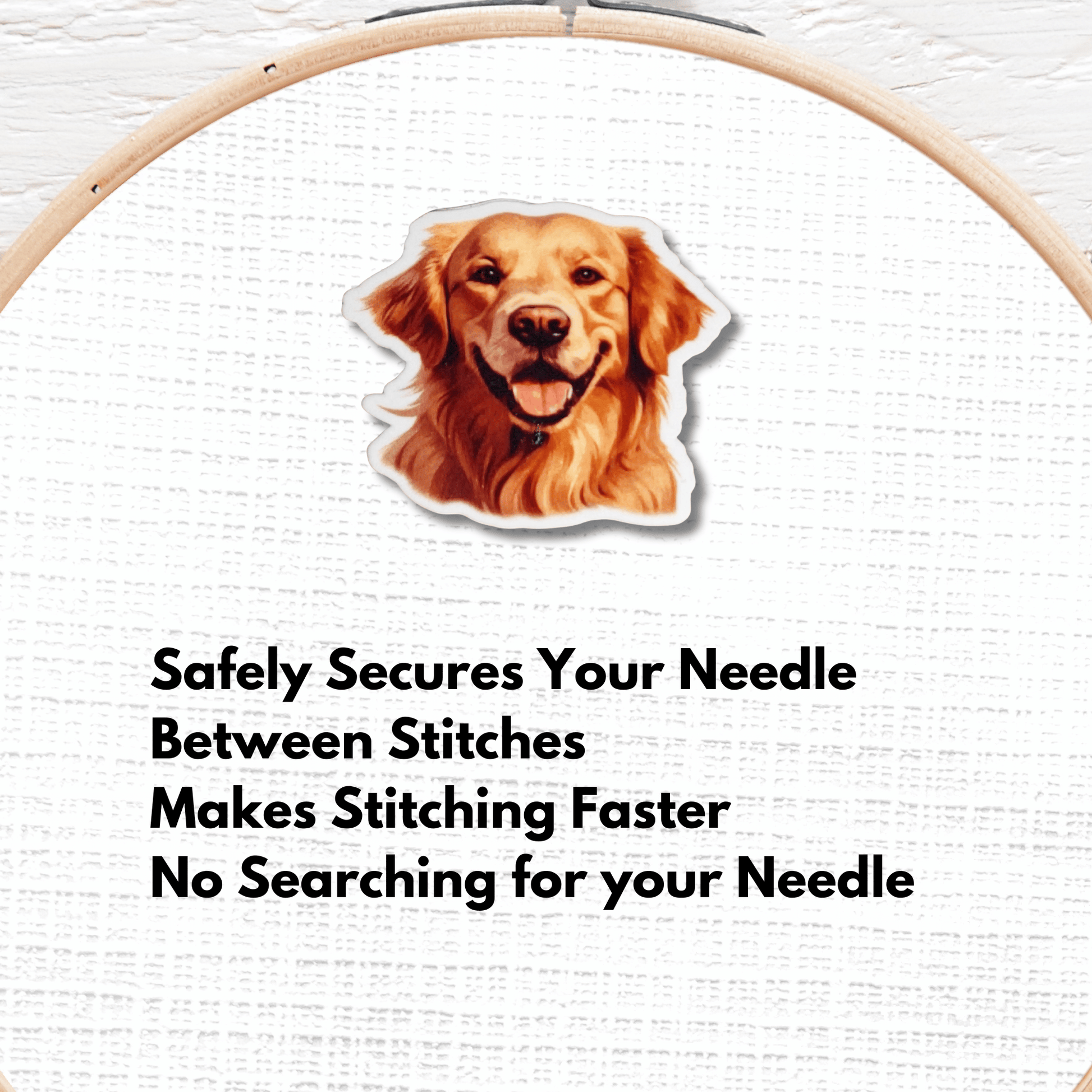 Smiling Golden Retriever magnetic needle minder for embroidery and cross stitch