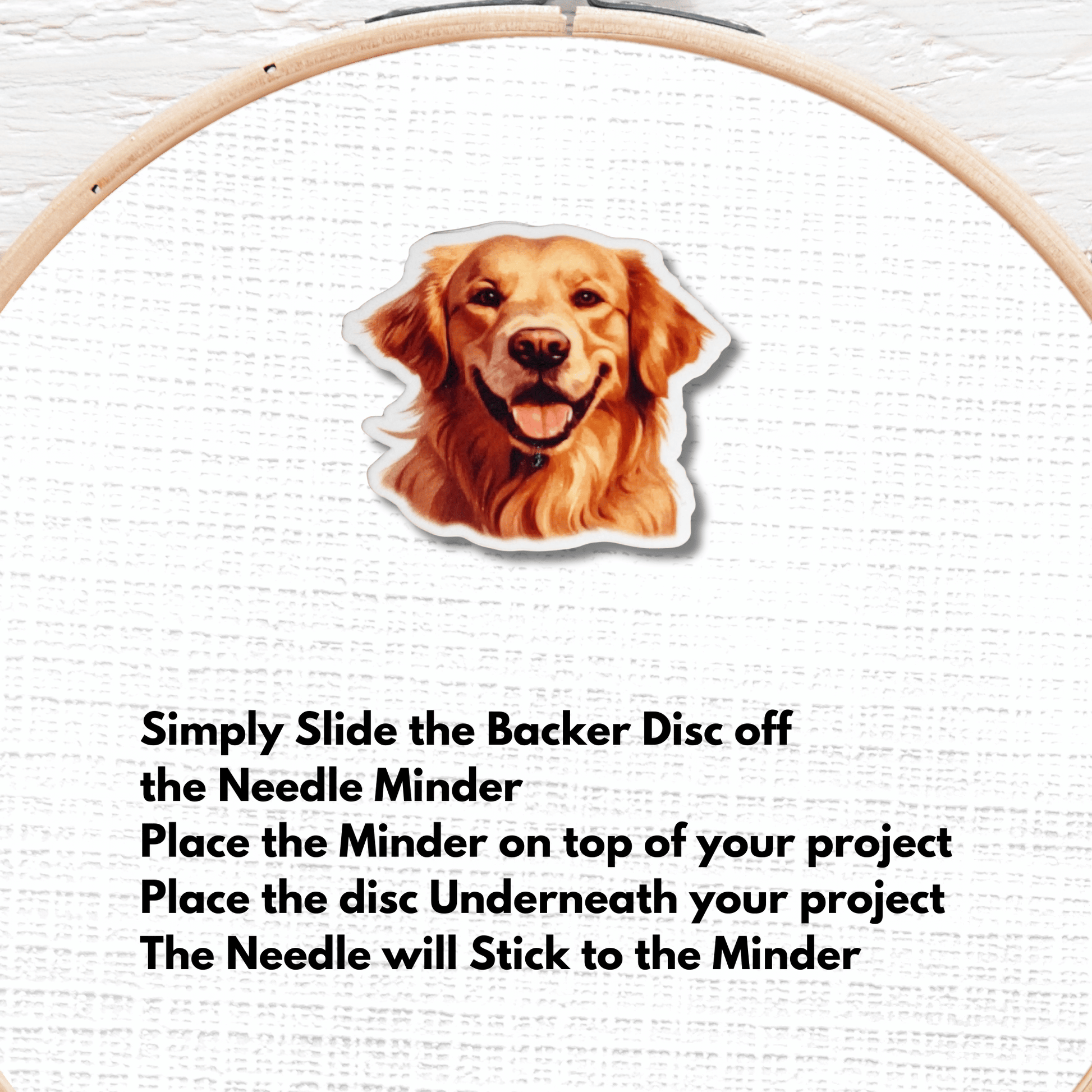 Golden Retriever needle minder with happy dog portrait for sewing projects