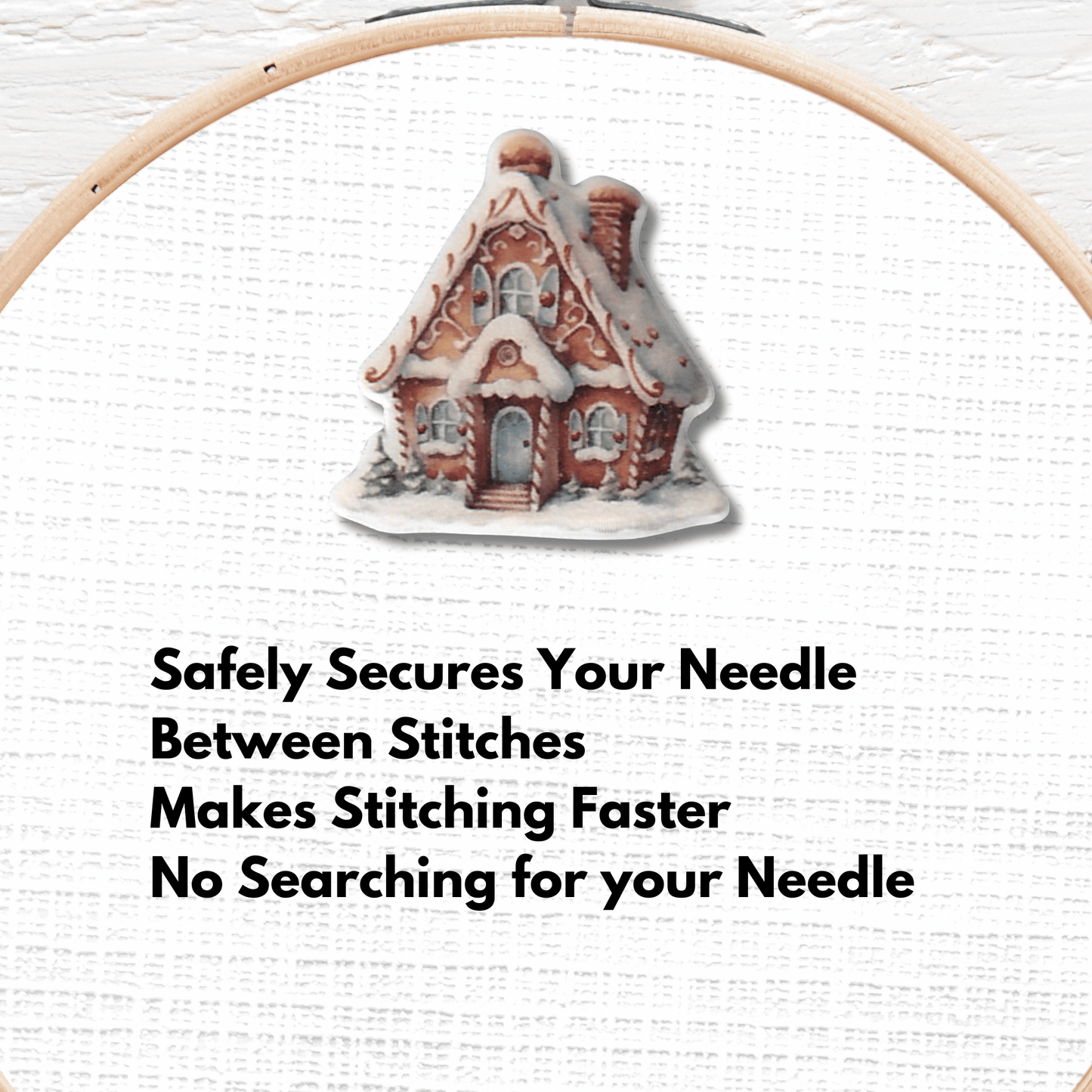snow covered gingerbread house needle minder magnet for cross stitch and embroidery