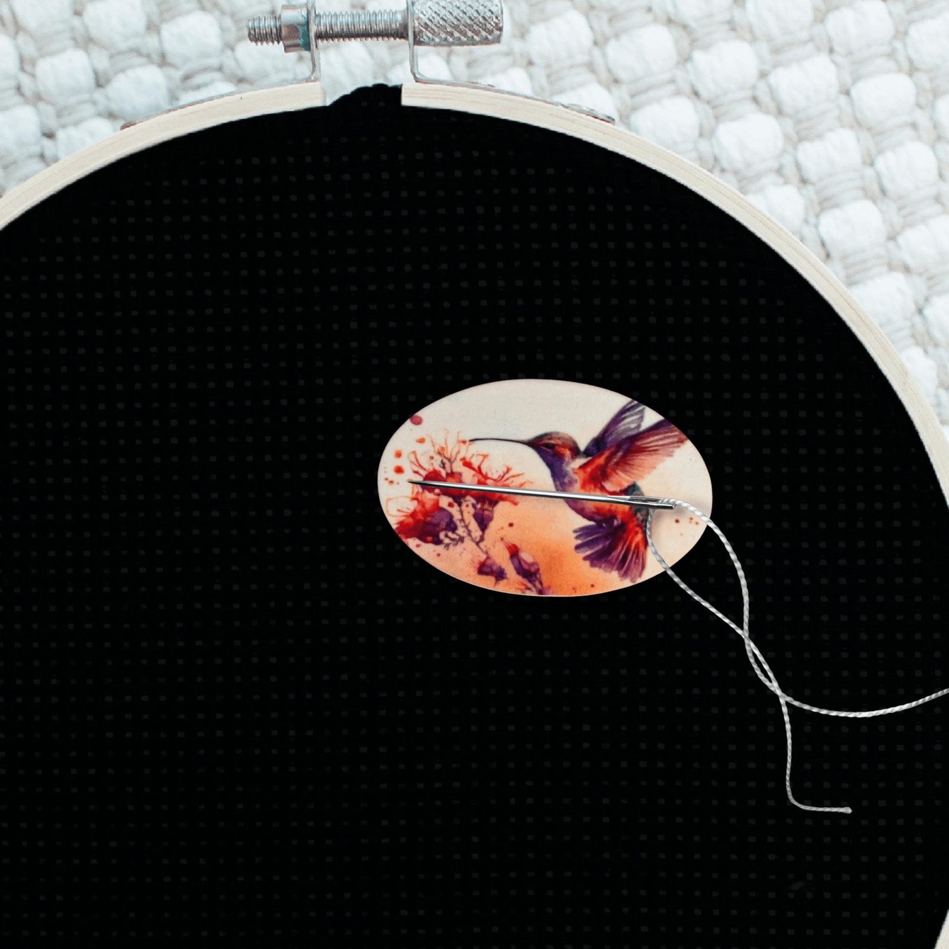 Decorative hummingbird blossom cross stitch needle minder magnet