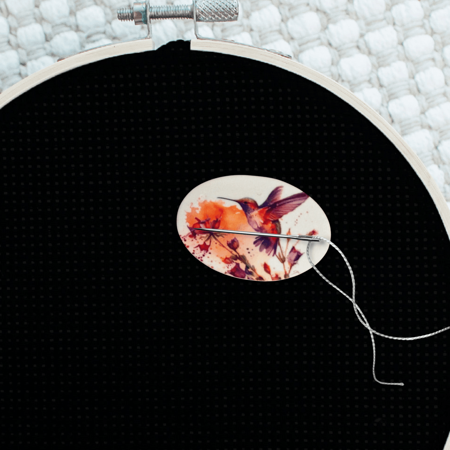 Decorative hummingbird floral cross stitch needle minder magnet