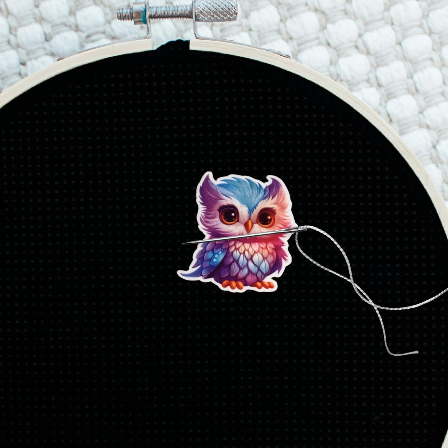 Whimsical owl cross stitch needle minder magnet with bold colorful feather details