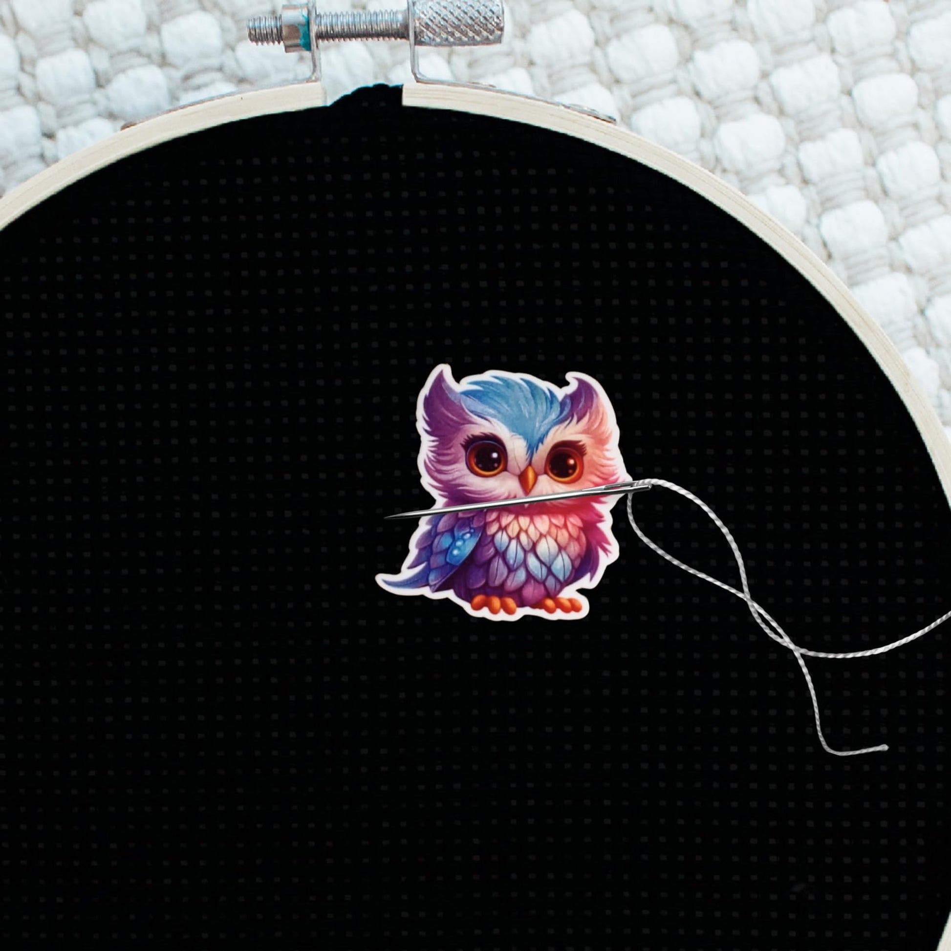 Whimsical owl cross stitch needle minder magnet with bold colorful feather details