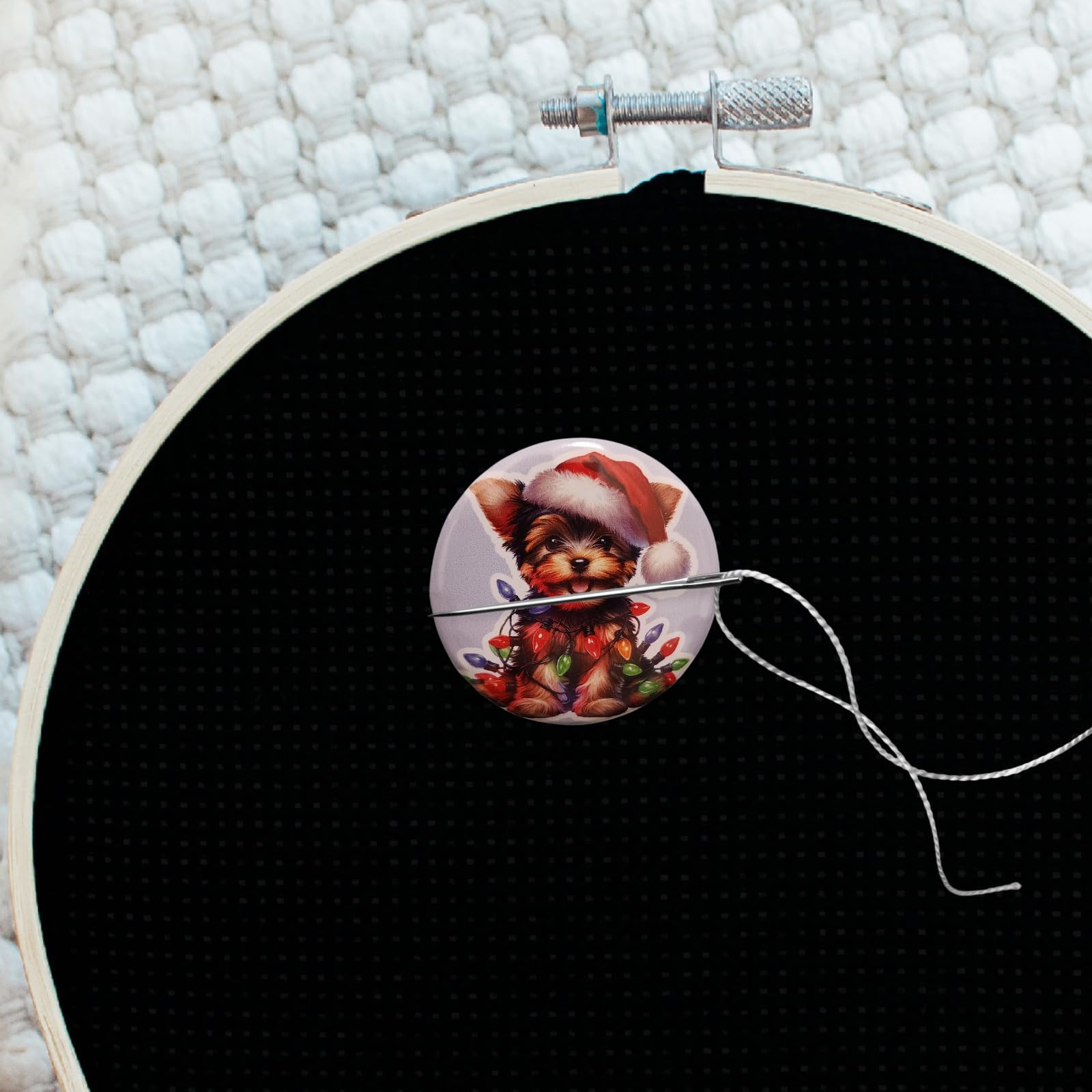 Adorable holiday dog needle minder perfect for embroidery, sewing, and cross stitch lovers